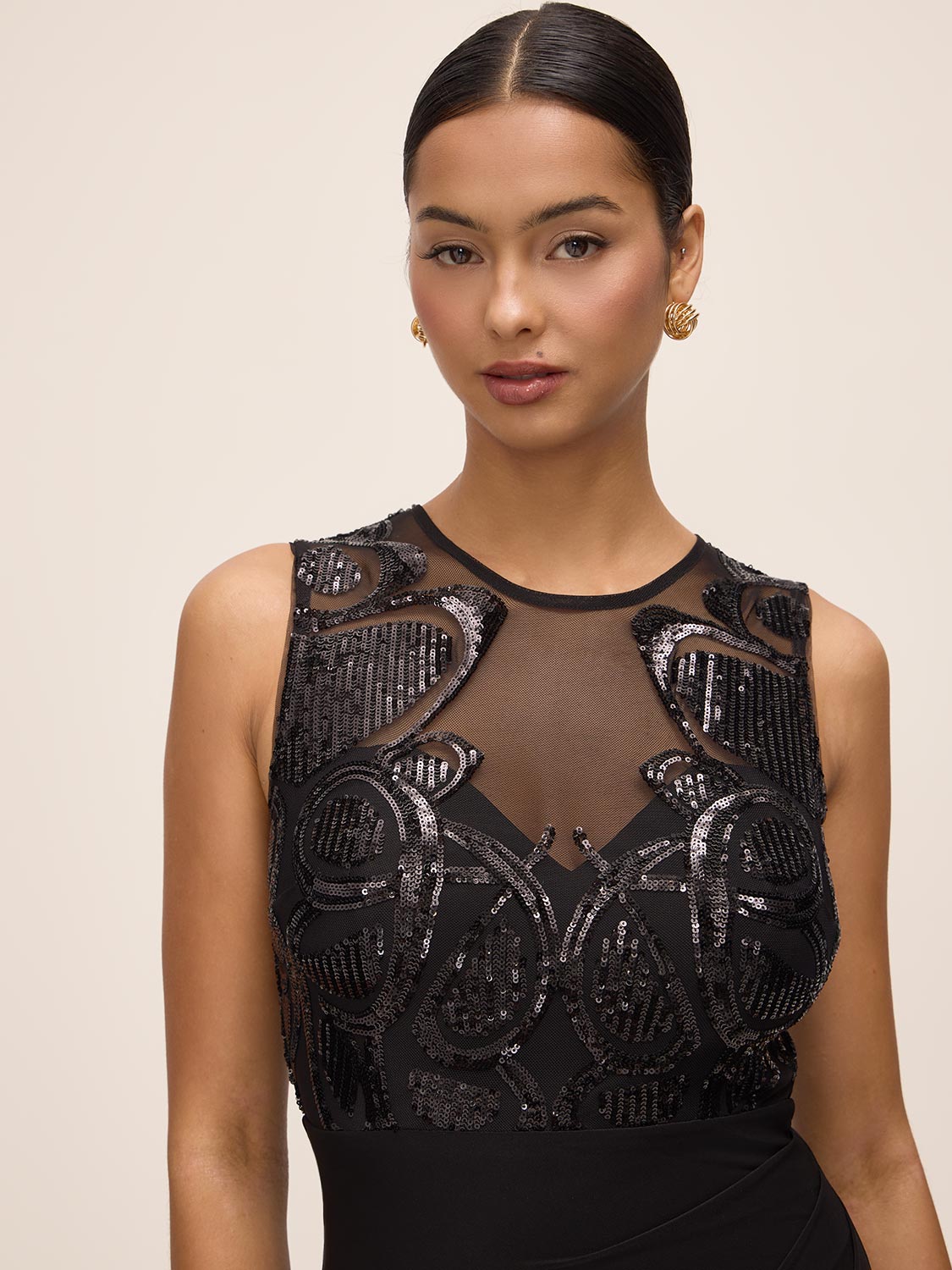 Black Illusion Upper Sequin Sheath Dress - Close-up Fabric Detail - Le Chateau
