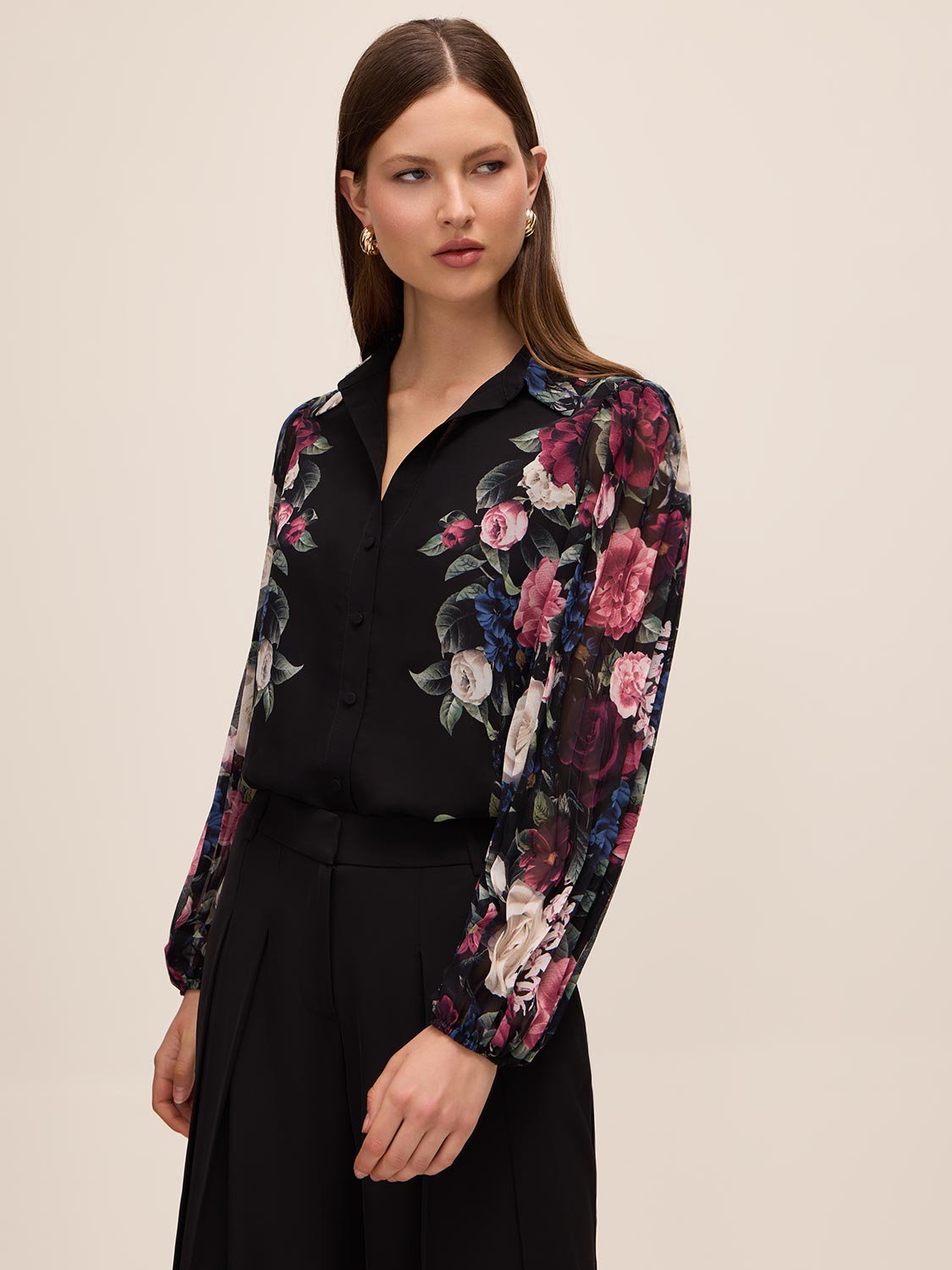 Black Print Placement Floral Blouse - Side Profile View - Le Chateau