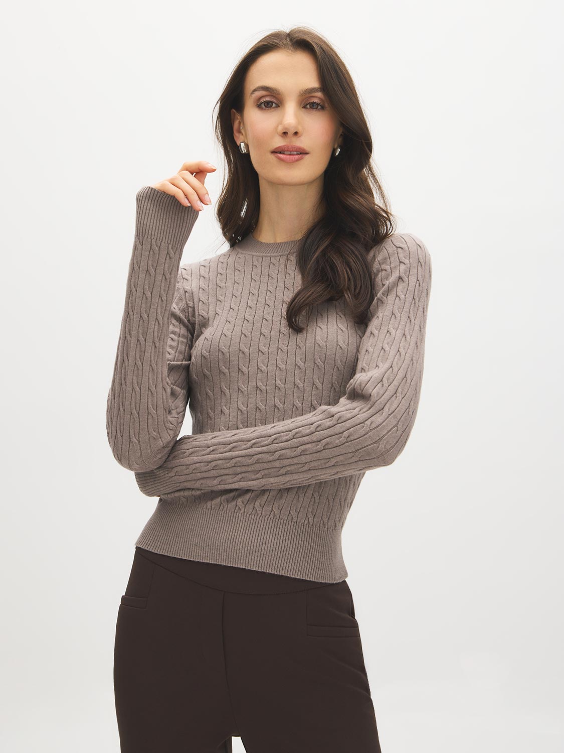 Brown Melange Cable Knit Crew Neck Sweater - Woman Wearing Classic Knit Sweater - Suzy Shier