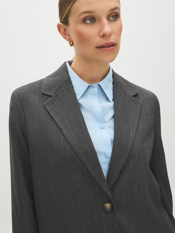 Charcoal/White Pinstripe Two-Button Blazer - Close-up Fabric Detail - Suzy Shier
