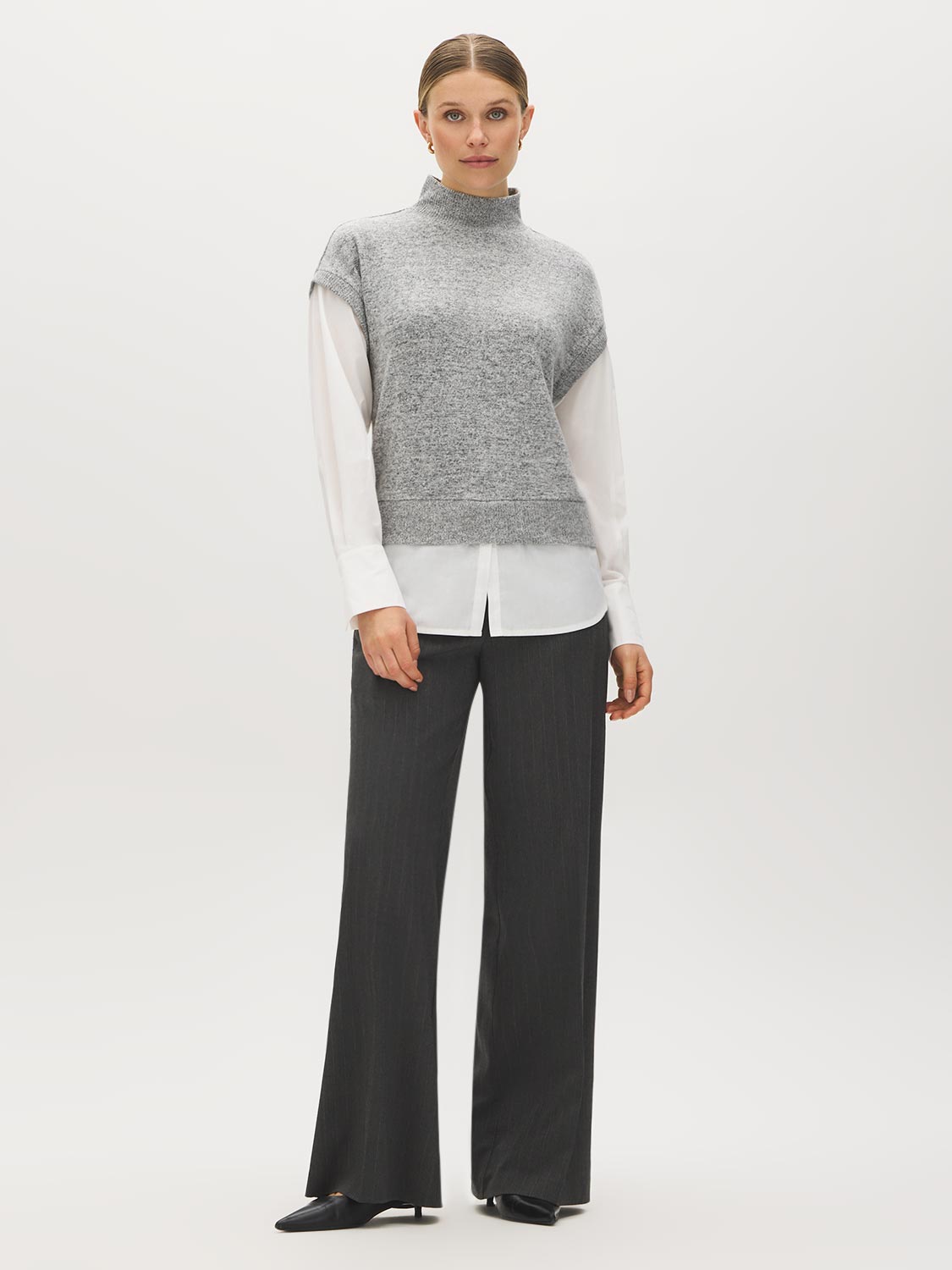 Grey Melange Mock Neck 2fer Knit Top with Poplin Sleeves - Front View - Suzy Shier
