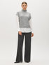 Grey Melange Mock Neck 2fer Knit Top with Poplin Sleeves - Front View - Suzy Shier