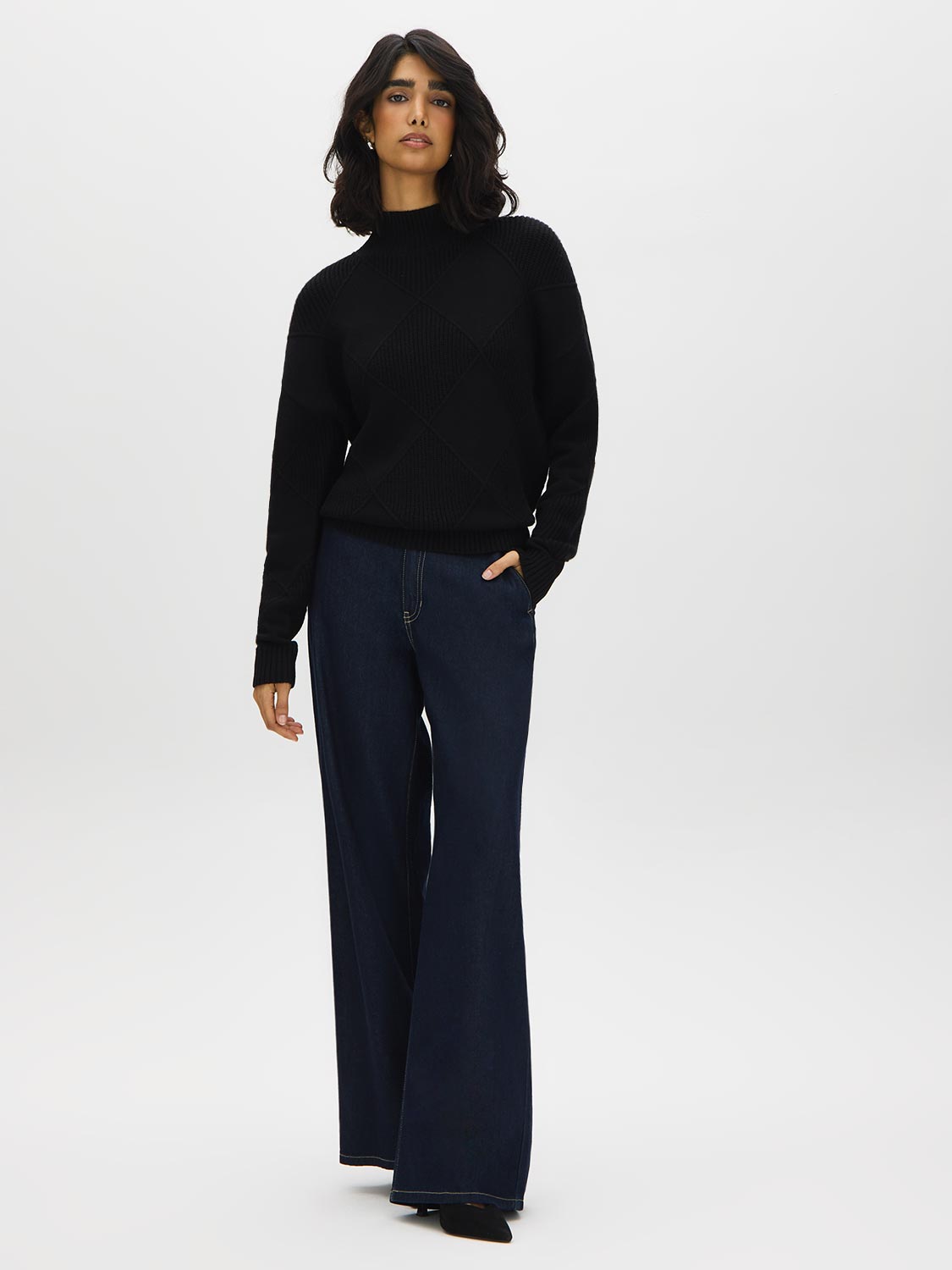 Black Mock Neck Sweater with Diamond Pattern - Front View - Suzy Shier