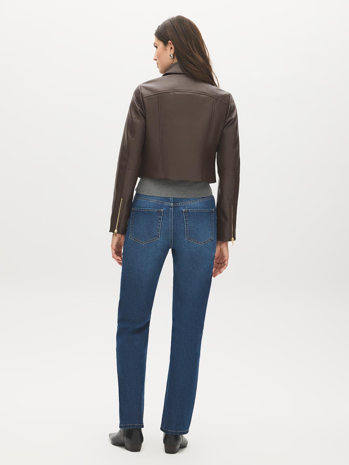 Brown Vegan Leather Shorts with Front Zipper - Back View - Suzy Shier