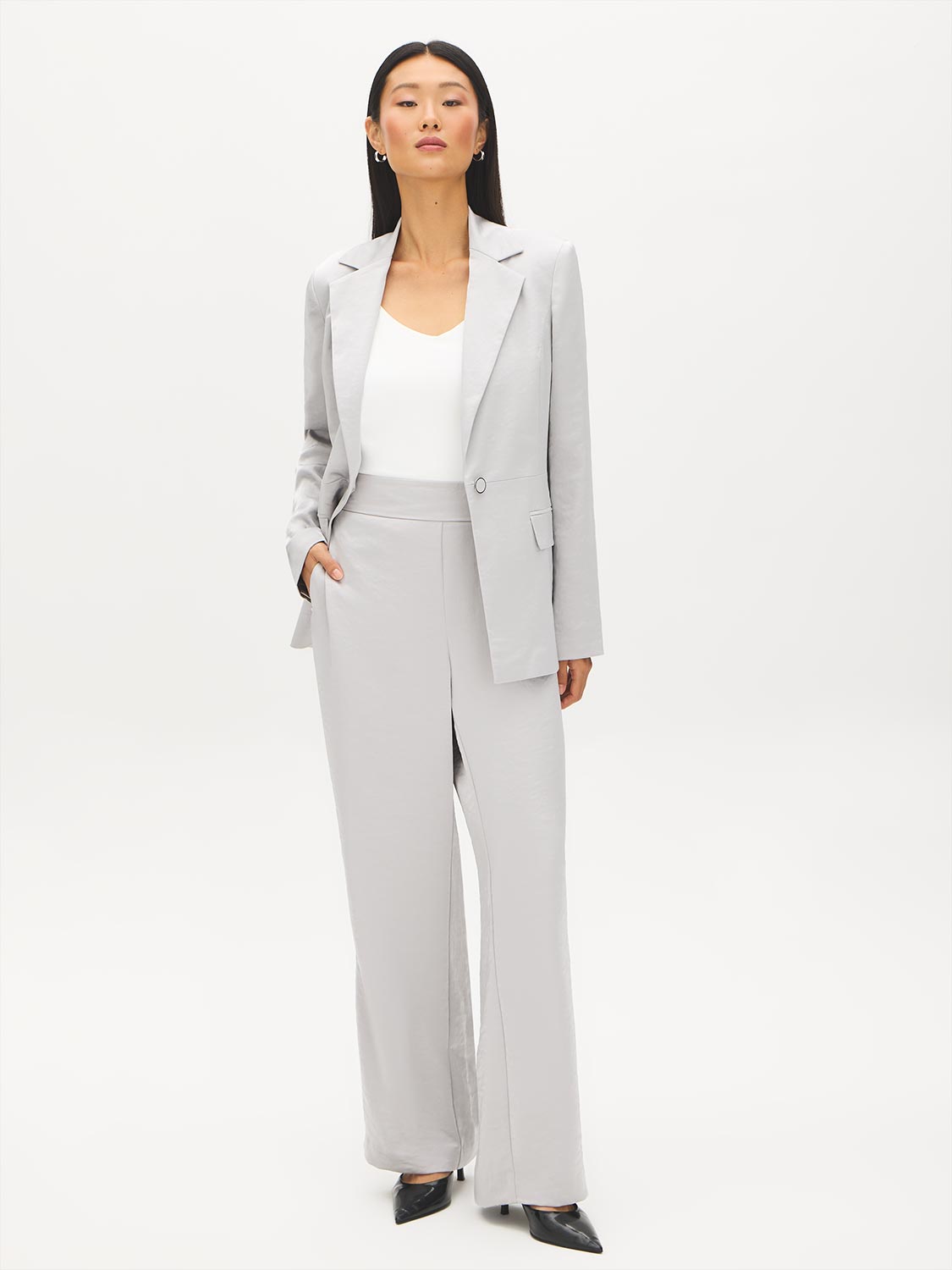 Silver High-Rise Wide-Leg Pull-On Pants - Woman Wearing Woven Trousers - Suzy Shier