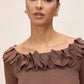 Copper Lurex Ruffle Off-Shoulder Sweater - Close-up Ruffle Detail - Le Chateau
