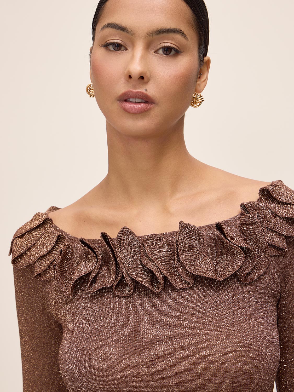 Copper Lurex Ruffle Off-Shoulder Sweater - Close-up Ruffle Detail - Le Chateau