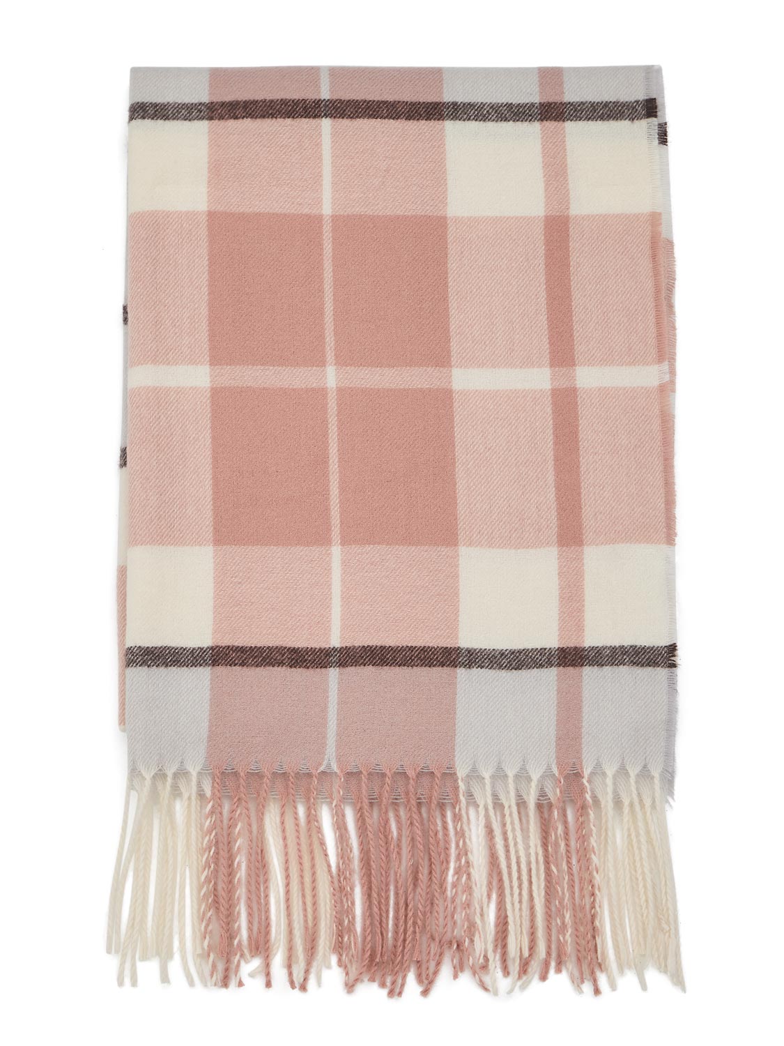 Pink and Cream Soft Brushed Plaid Scarf - Close-up of Fringed Edges - Suzy Shier