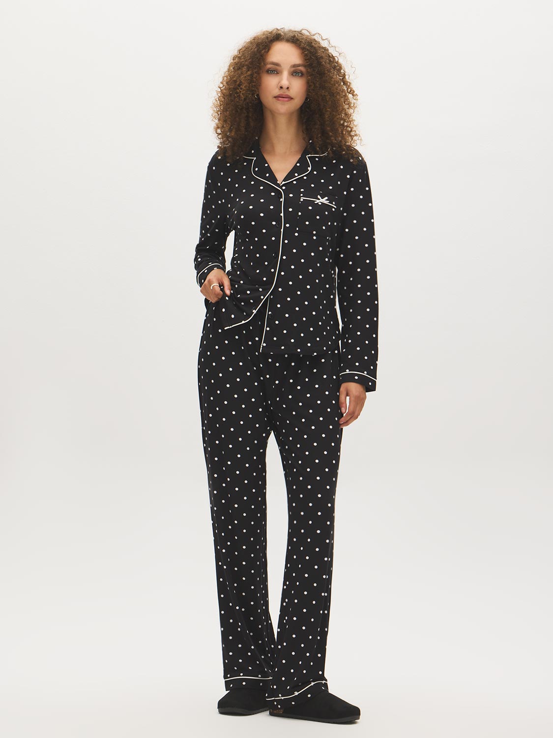 Jet Black/Snow White Polka Dot Two-Piece PJ Set - Woman Wearing Comfortable Knit Pajamas - Suzy Shier