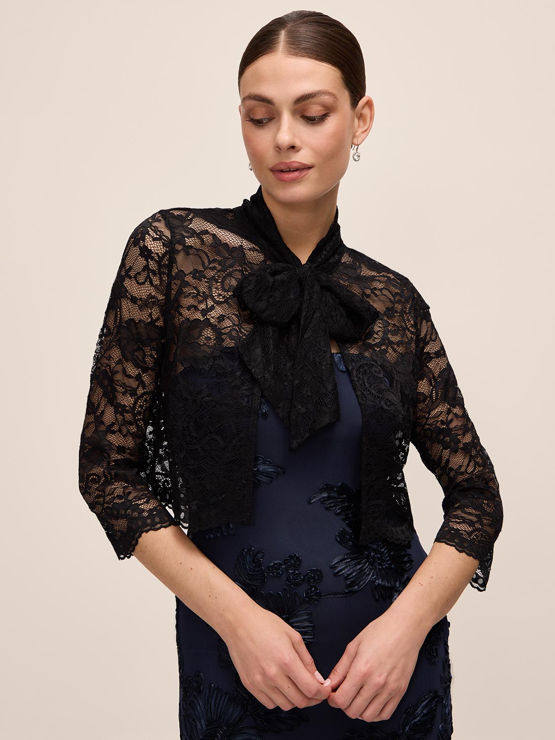 Black Lace Bolero with 3/4 Sleeves and Bow Ties - Side Profile View - Le Chateau