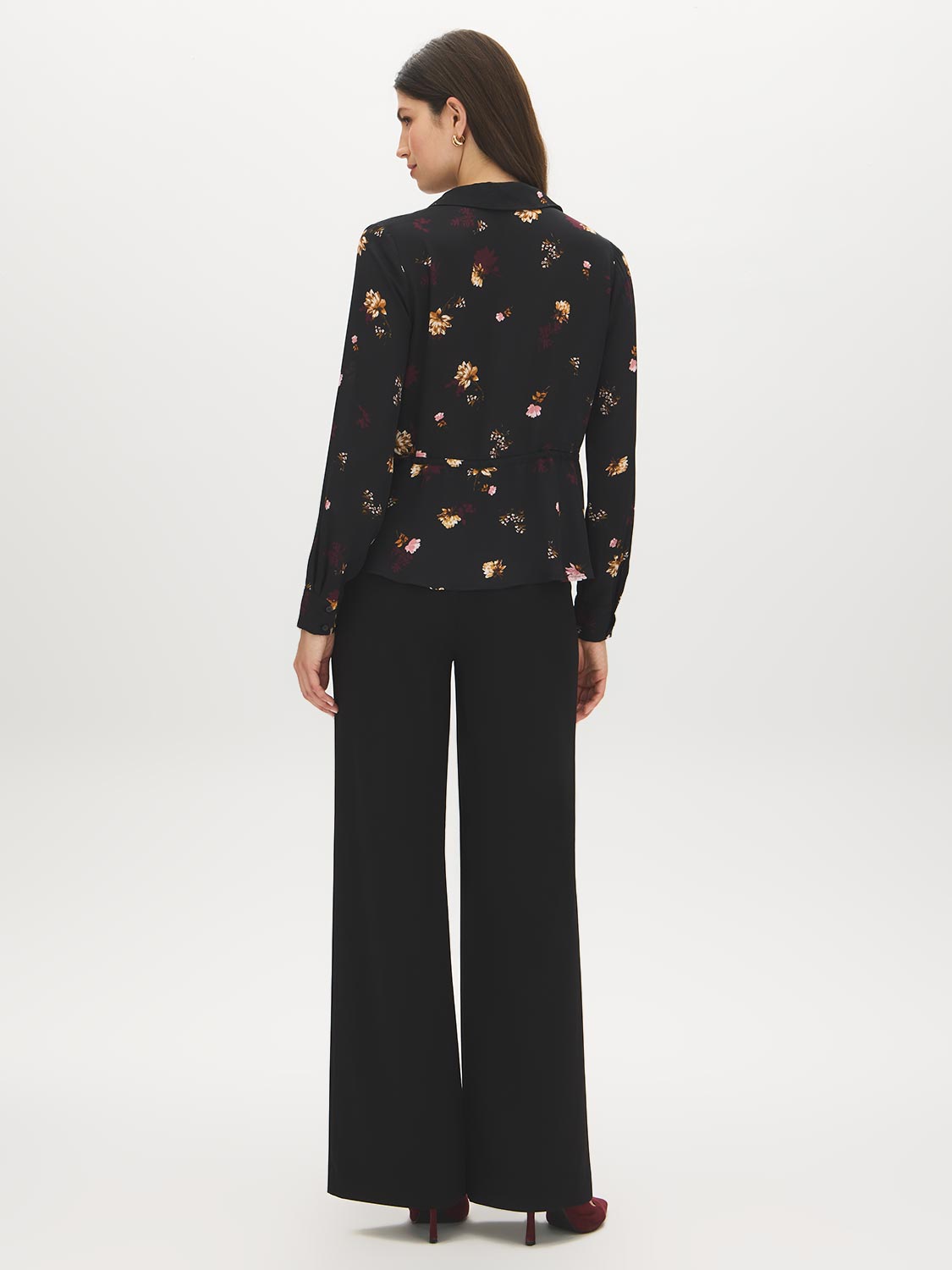 Black Floral Printed Peplum Blouse with Drawstring Waist - Back View - Suzy Shier