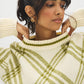 Off White/Green Jacquard Crew Neck Sweater - Close-up Collar Detail - Suzy Shier