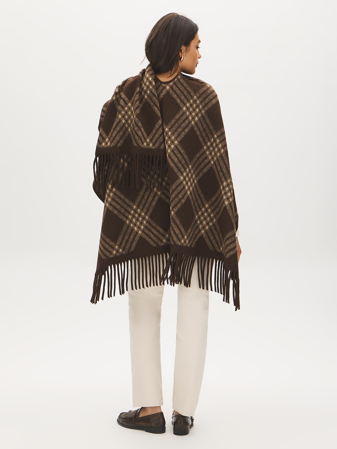 Brown Plaid Fringe Cape - Rear Angle View - Suzy Shier