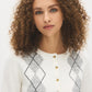 White/Grey/Black Argyle Intarsia Crew Neck Cardigan - Close-up Fabric Detail - Suzy Shier