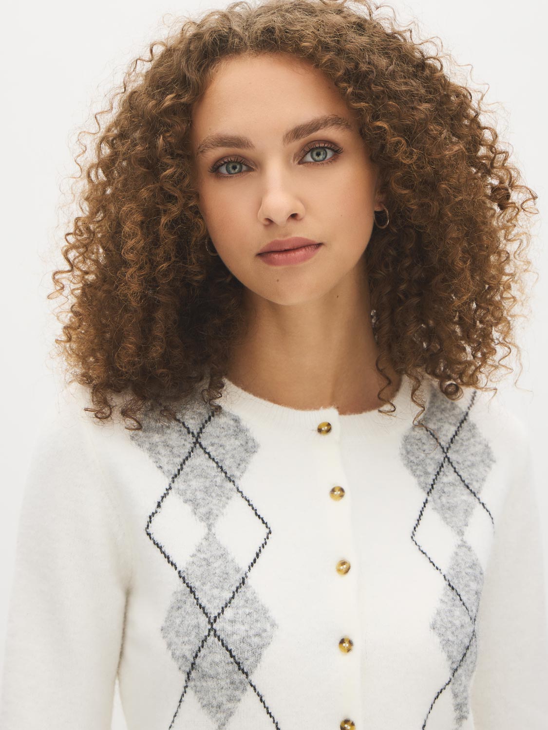White/Grey/Black Argyle Intarsia Crew Neck Cardigan - Close-up Fabric Detail - Suzy Shier