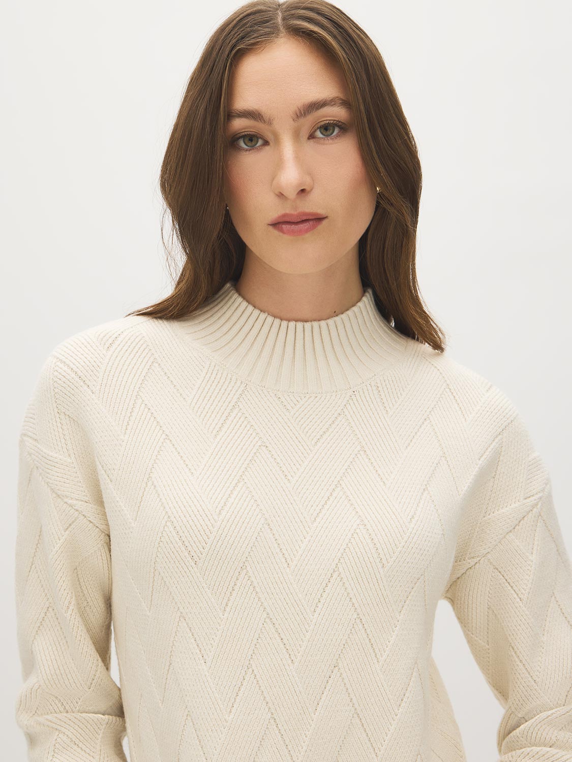 Cloud Gray Mock Neck Sweater with Diagonal Stitch Detail - Close-up Fabric Detail - Suzy Shier