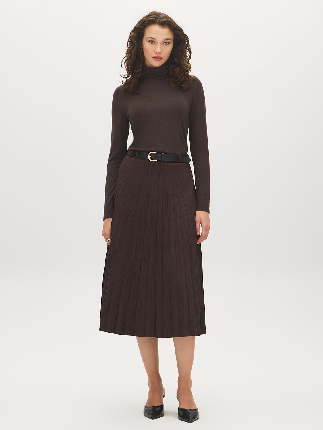 Coffee Bean Faux Suede Pleated Midi Skirt with Belt - Woman Wearing Midi Skirt with PU Belt - Suzy Shier