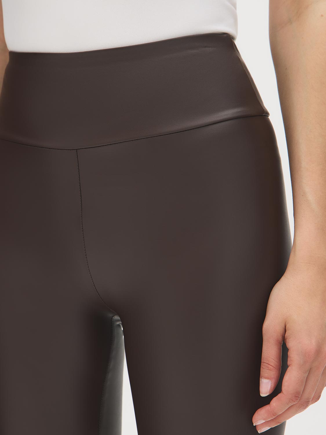Coffee Bean Faux Leather Wide Waistband Legging - Waistband Detail - Suzy Shier