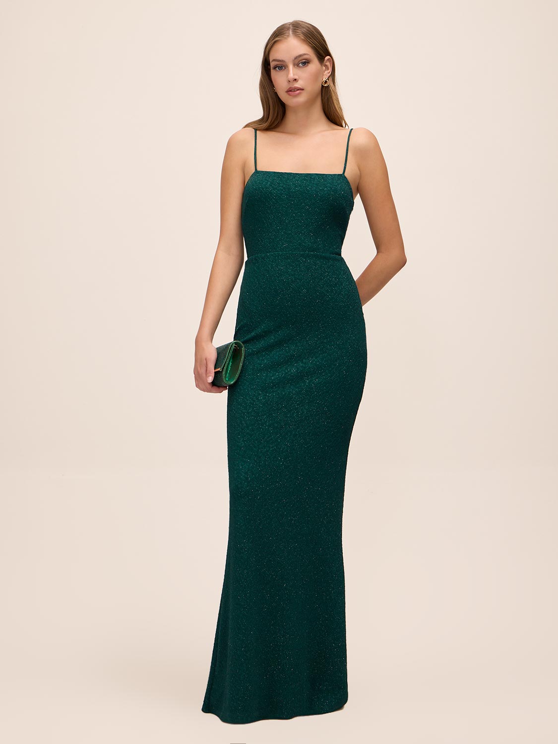 Dark Emerald Glitter Knit Gown with Bow Back - Woman Wearing Floor-Length Evening Dress - Le Chateau