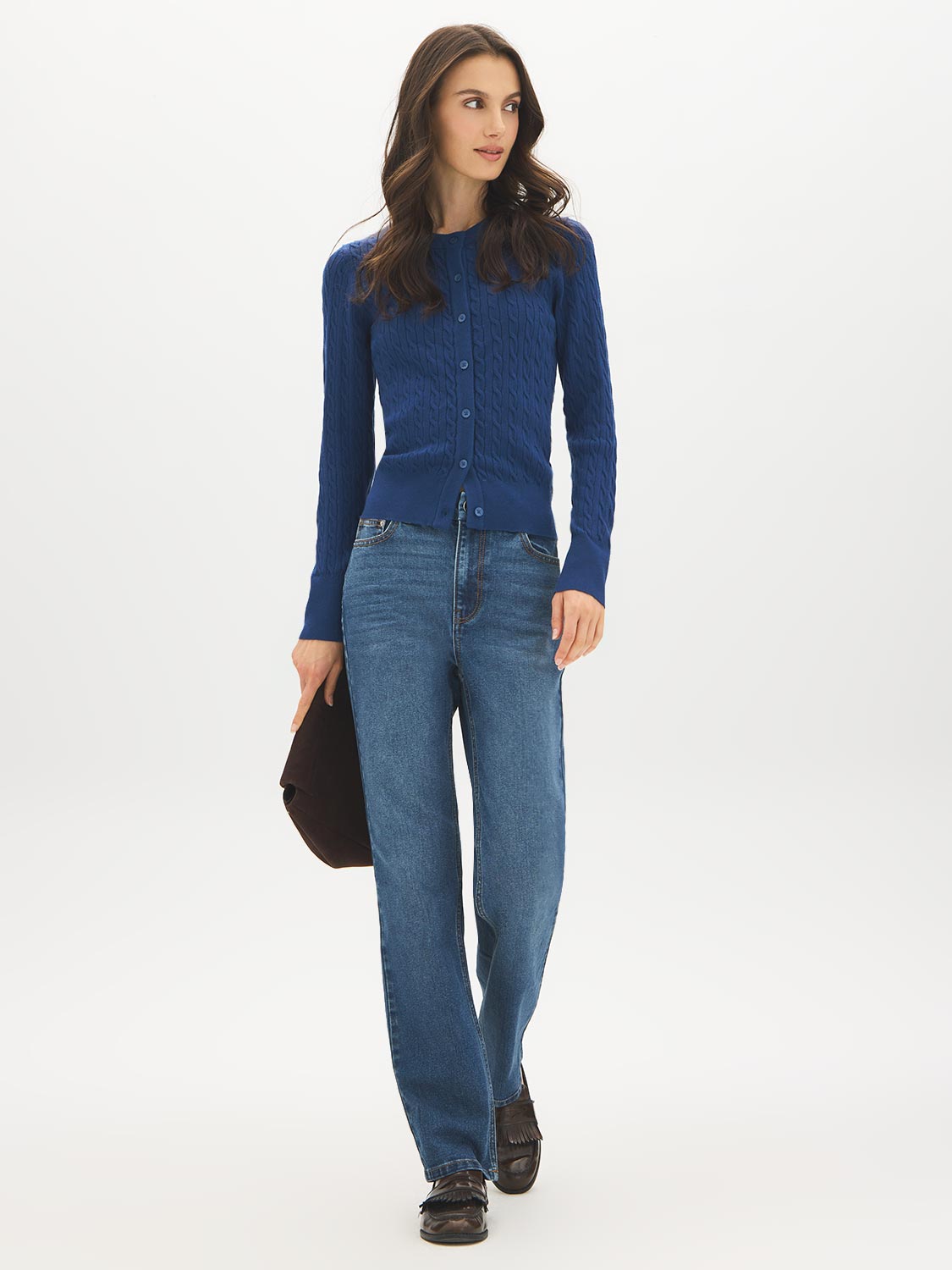 Estate Blue Cable Knit Button-Front Cardigan - Front View - Suzy Shier