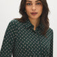 Scarab Printed Button-Up Blouse with Shirt Collar - Close-up Fabric Detail - Suzy Shier