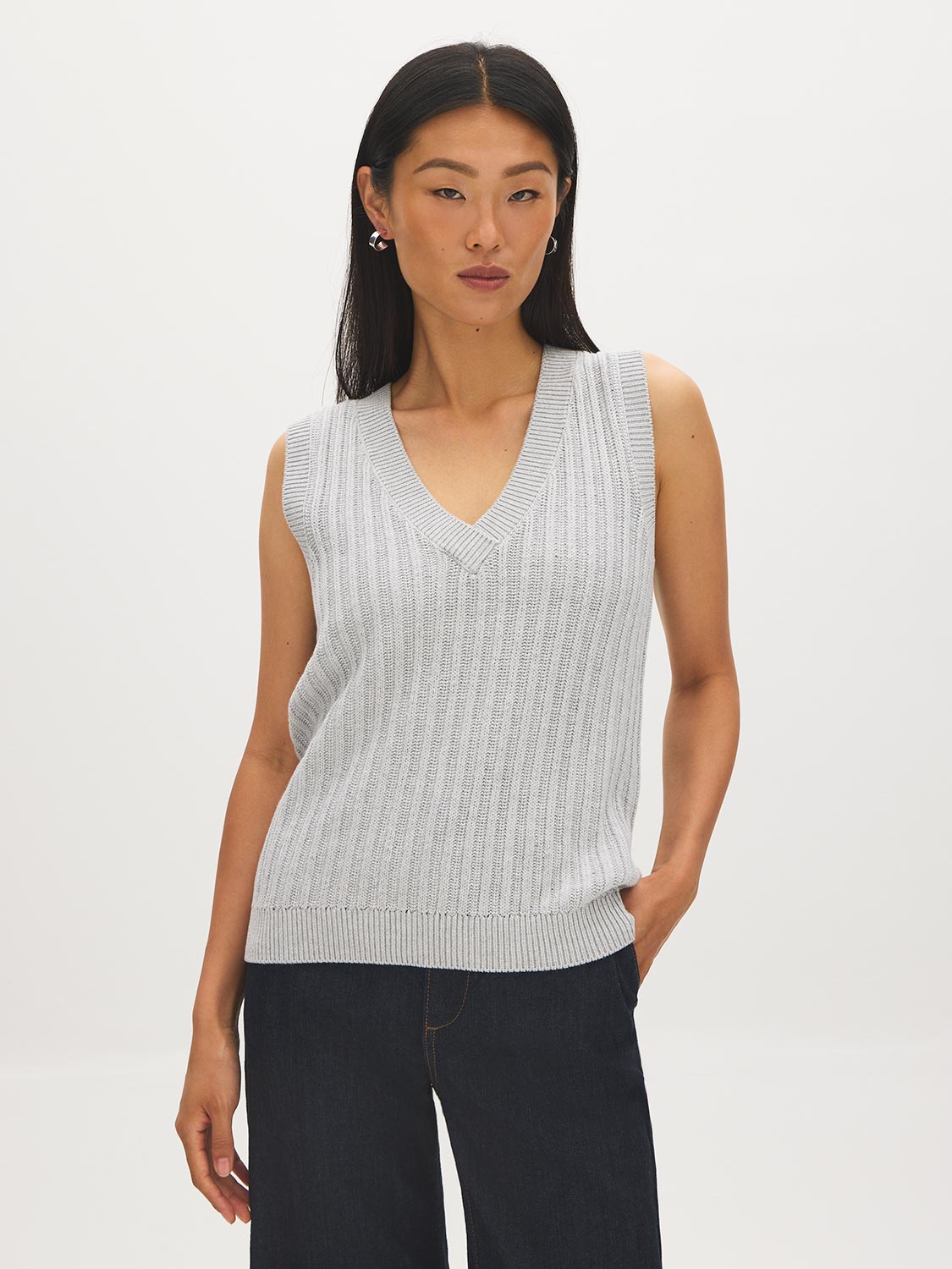 Light Grey Mix V-Neck Ribbed Sweater Vest - Front View - Suzy Shier