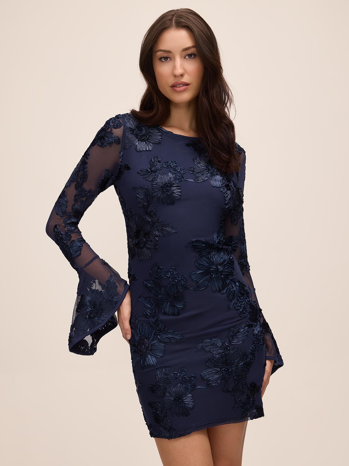 Midnight Blue Soutache on Mesh Pop-Over Mini Dress - Front View - Le Chateau