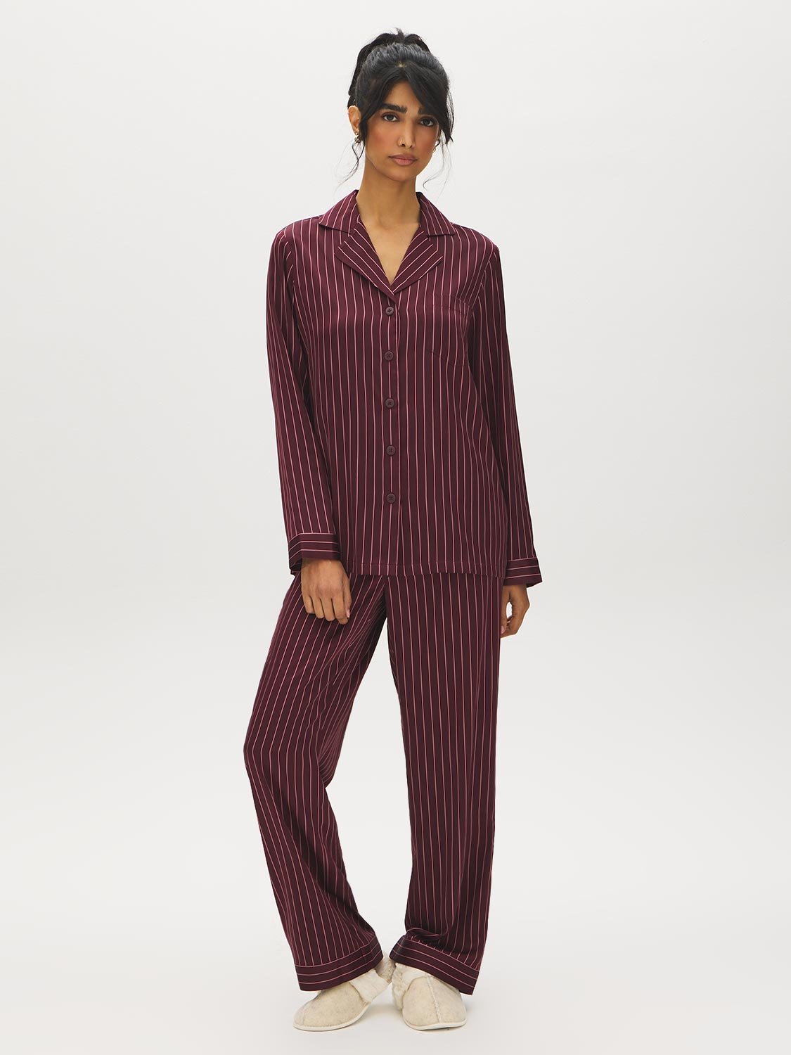 Burgundy Striped Satin Pajama Set - Front View - Suzy Shier