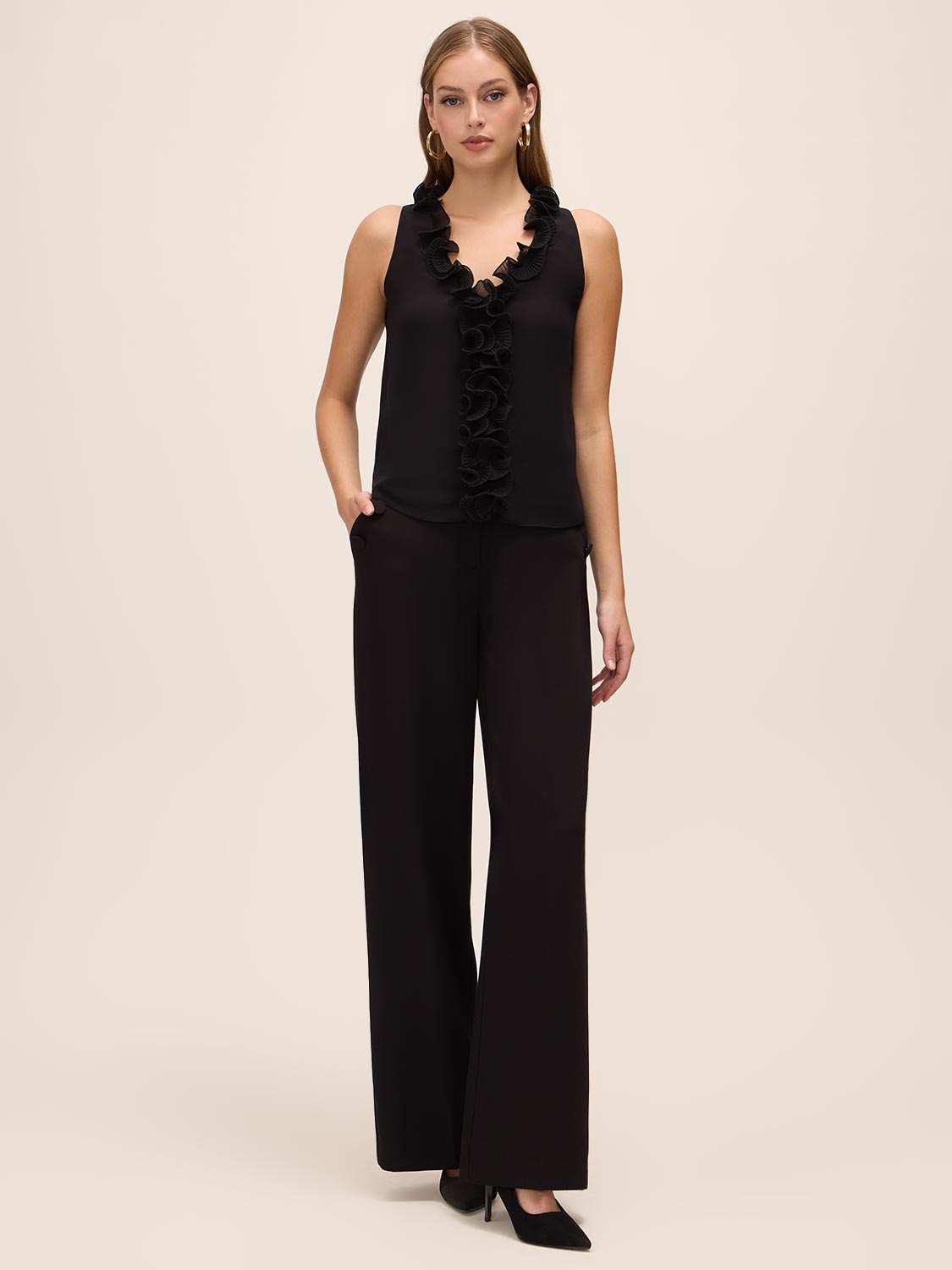 Black Plissé Ruffle Sleeveless Blouse - Full Body View - Le Chateau
