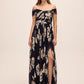 Dark Sapphire/Gold Off-Shoulder Metallic Crinkle Gown - Woman Wearing Evening Dress with Twist Front Detail - Le Chateau