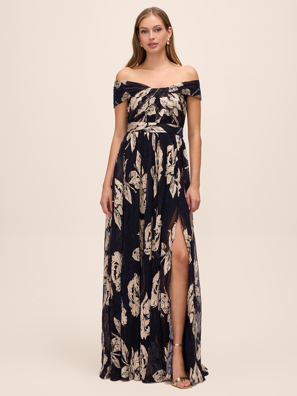 Dark Sapphire/Gold Off-Shoulder Metallic Crinkle Gown - Woman Wearing Evening Dress with Twist Front Detail - Le Chateau
