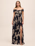 Dark Sapphire/Gold Off-Shoulder Metallic Crinkle Gown - Woman Wearing Evening Dress with Twist Front Detail - Le Chateau