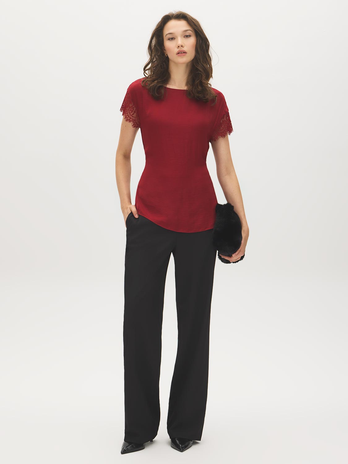 Midnight Plum Boat Neck Popover Top with Lace Trim - Front View - Suzy Shier