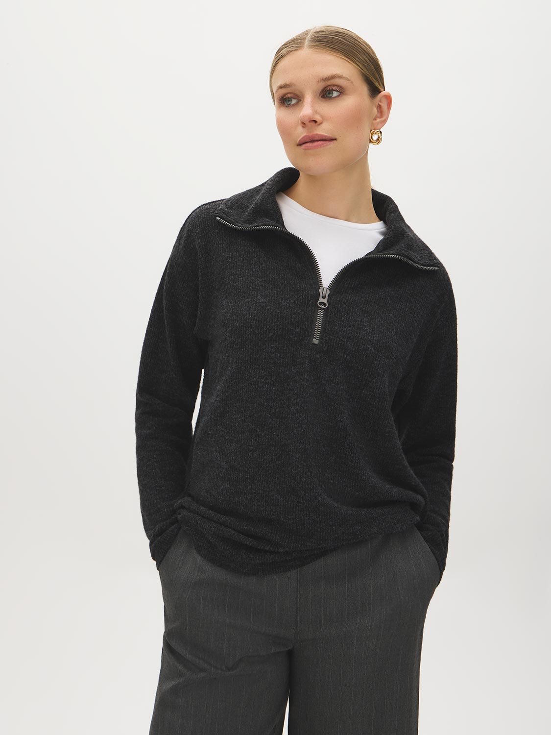 Charcoal Melange Fluffy Rib Knit Top with Half Zip - Woman Wearing Cozy Sweater - Suzy Shier