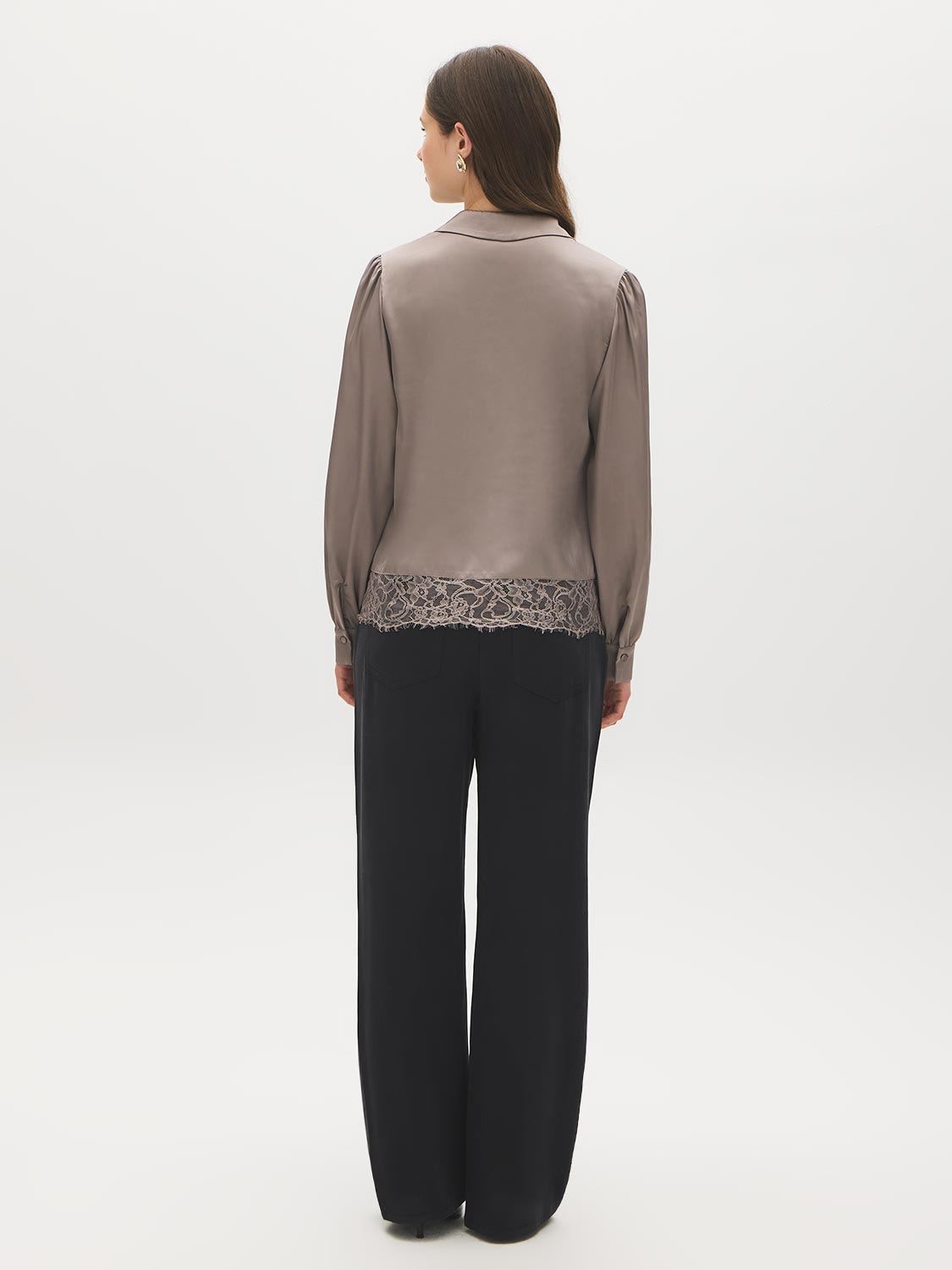 Driftwood Satin Blouse with Lace Hem - Back View - Suzy Shier