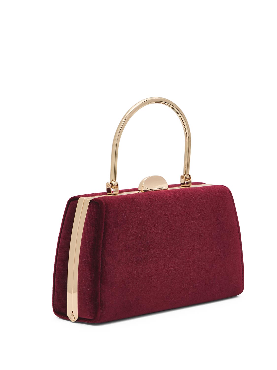 Burgundy Woven Velour Bag with Gold Top Handle - Side Profile View - Le Chateau