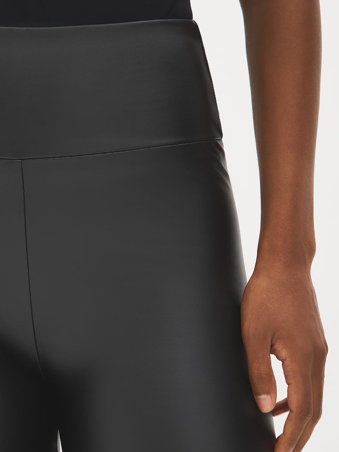 Black Faux Leather Wide Waistband Leggings - Close-up Waistband Detail - Suzy Shier