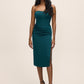 Teal Satin Bustier Midi Dress with Side Slit - Woman Wearing Elegant Evening Dress - Le Chateau