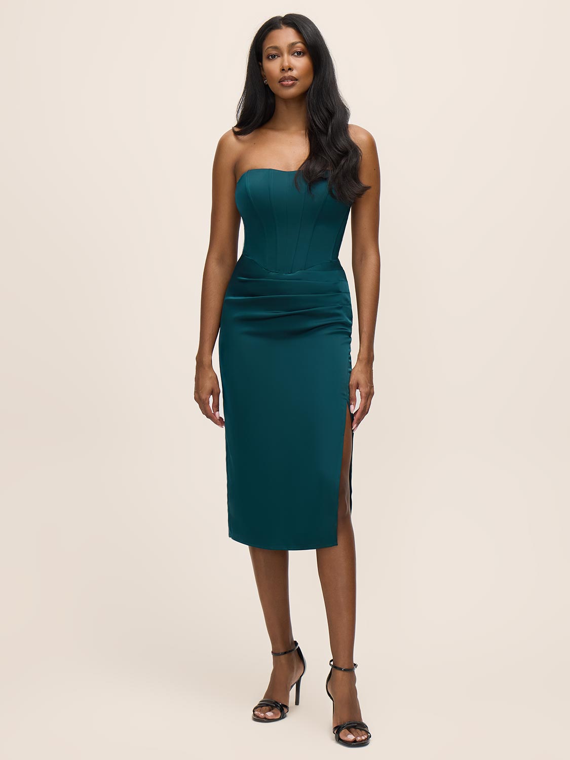 Teal Satin Bustier Midi Dress with Side Slit - Woman Wearing Elegant Evening Dress - Le Chateau
