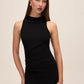 Black Knit Crepe Sheath Dress with Mesh Cape Overlay - Sleeveless View - Le Chateau