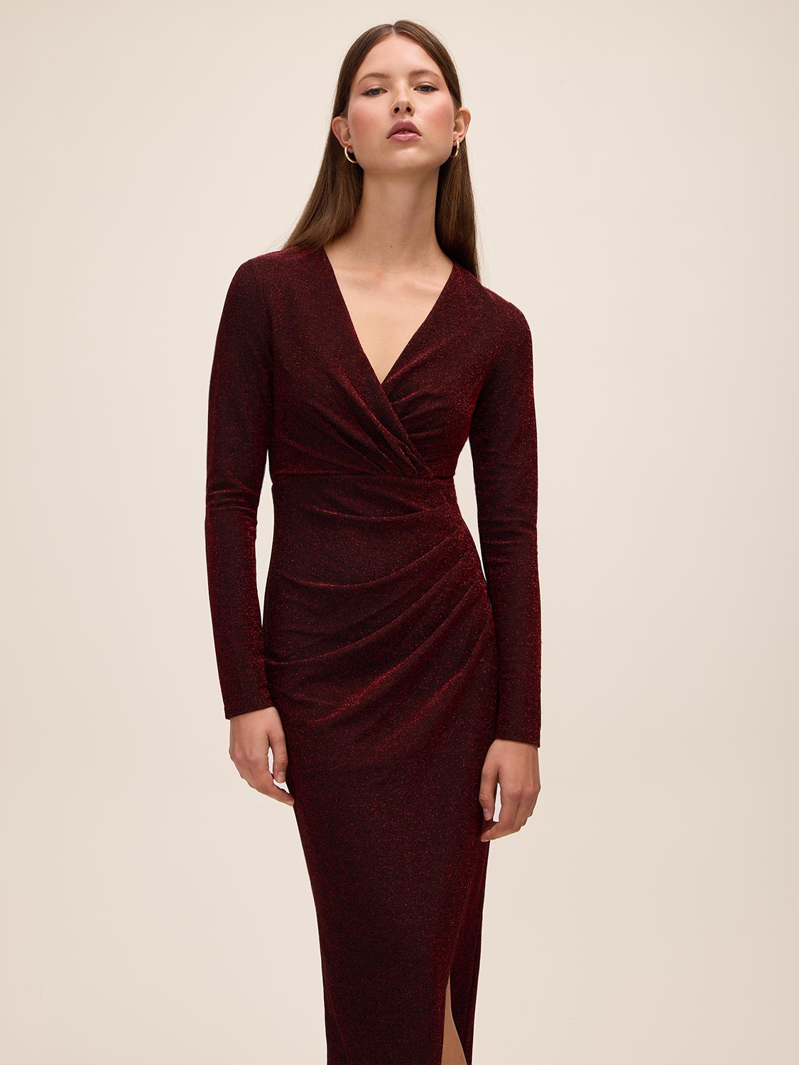 Red/Black Lurex Knit Crossover Neck Midi Dress - Full Front View - Le Chateau
