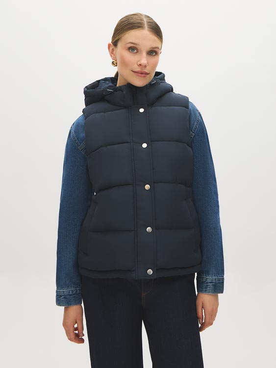 Navy Quilted Puffer Vest with Hood - Woman Wearing Water-Resistant Vest - Suzy Shier