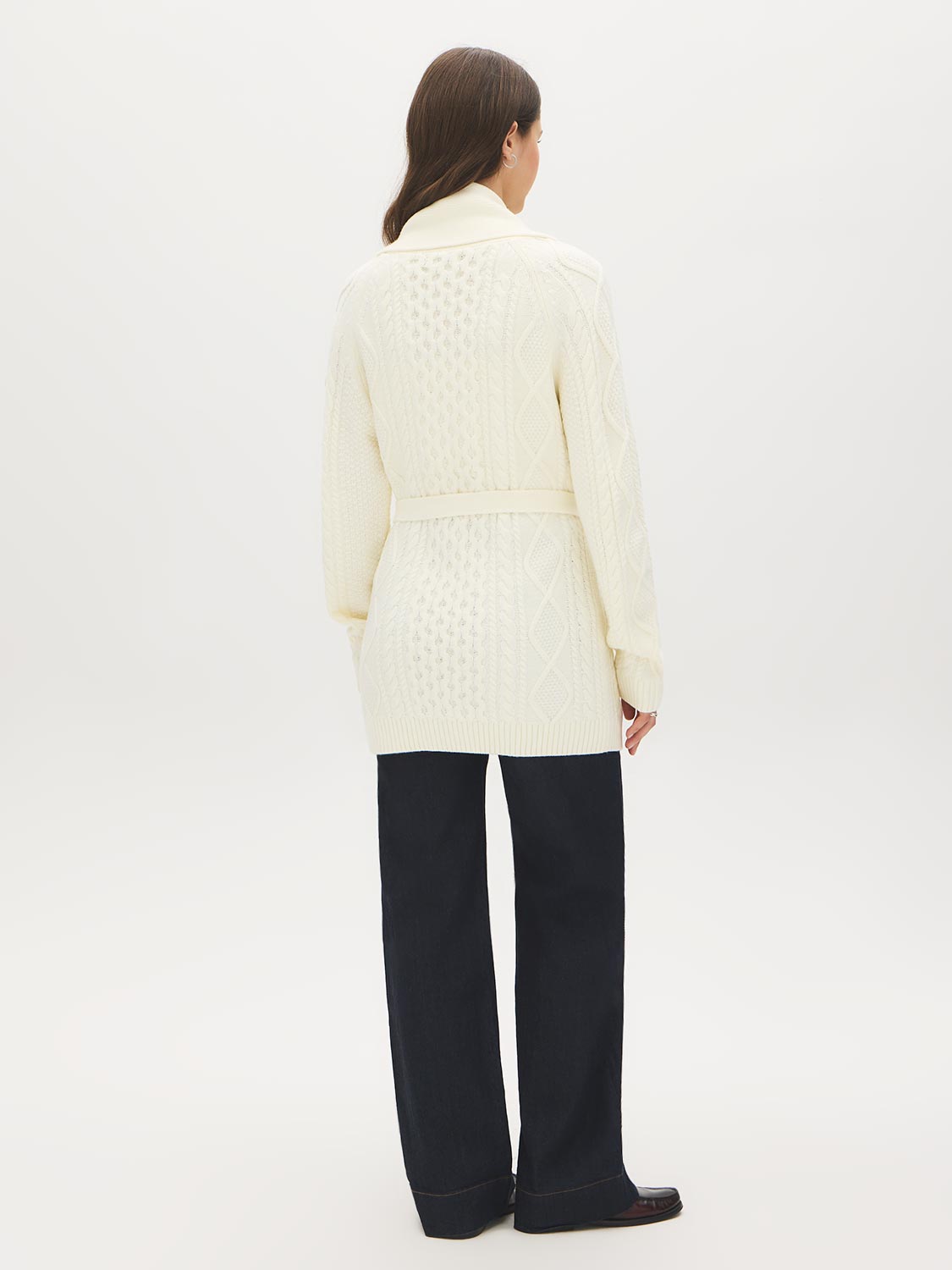 Rice Cable Knit Shawl Collar Sweater - Back View - Suzy Shier