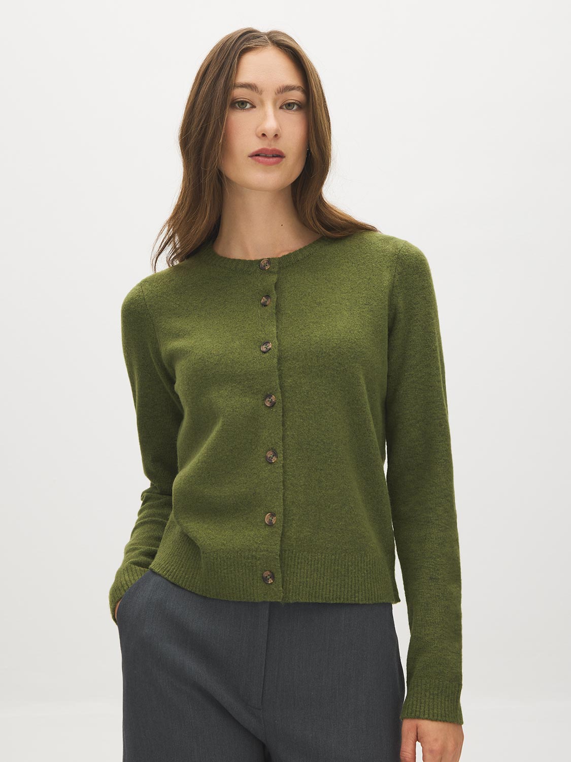 Chive Crew Neck Button-Front Cardigan - Woman Wearing Knit Sweater with Ribbed Texture - Suzy Shier