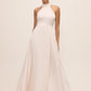 Antique Cream Sleeveless Satin Gown with Flared Hem - Woman Wearing Elegant Evening Dress - Le Chateau