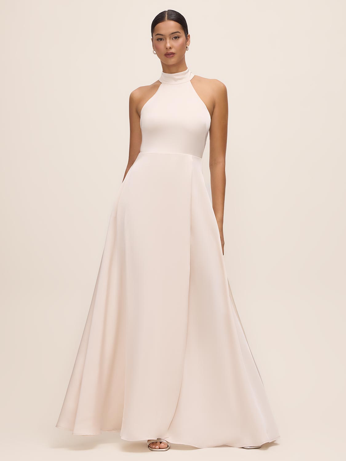 Antique Cream Sleeveless Satin Gown with Flared Hem - Woman Wearing Elegant Evening Dress - Le Chateau