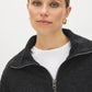 Charcoal Melange Fluffy Rib Knit Top with Half Zip - Close-up Zip Detail - Suzy Shier