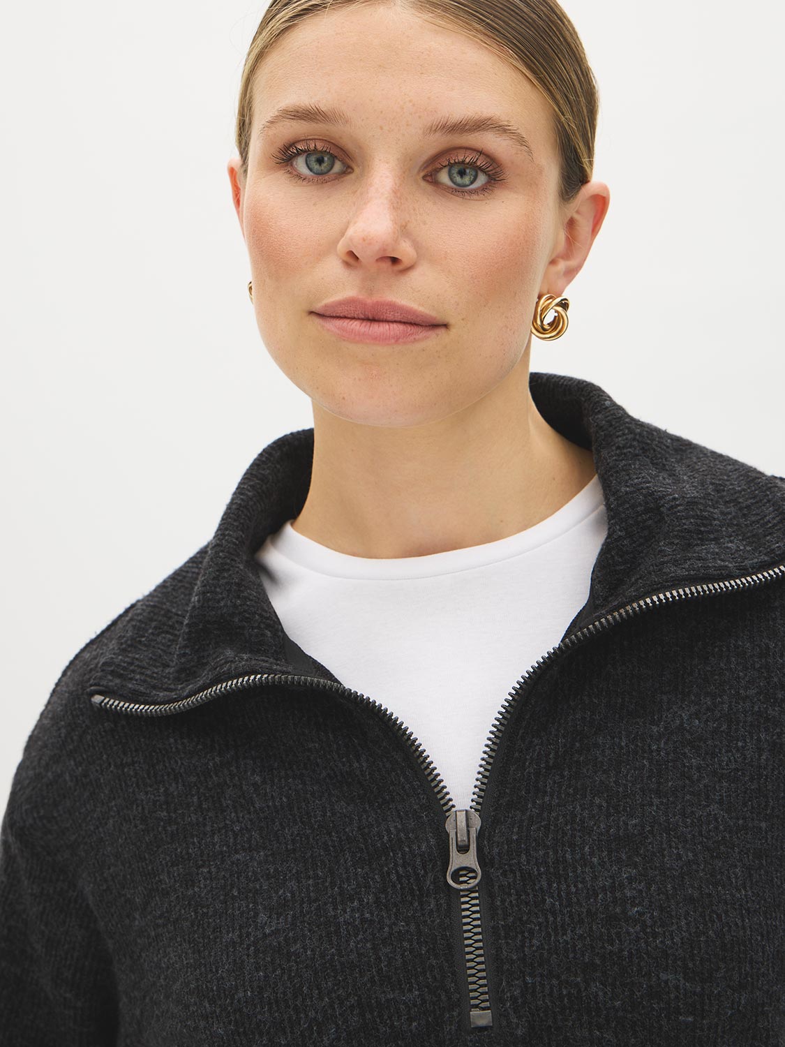Charcoal Melange Fluffy Rib Knit Top with Half Zip - Close-up Zip Detail - Suzy Shier