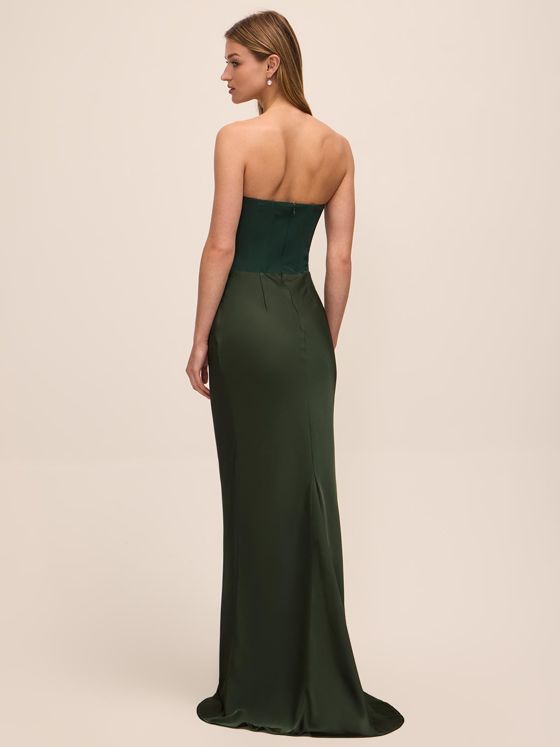 Dark Green Bustier Gown with Satin Pleated Skirt - Back View - Le Chateau