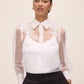 Off White Floral Appliqué Organza Blouse - Woman Wearing Sheer Elegant Top - Le Chateau